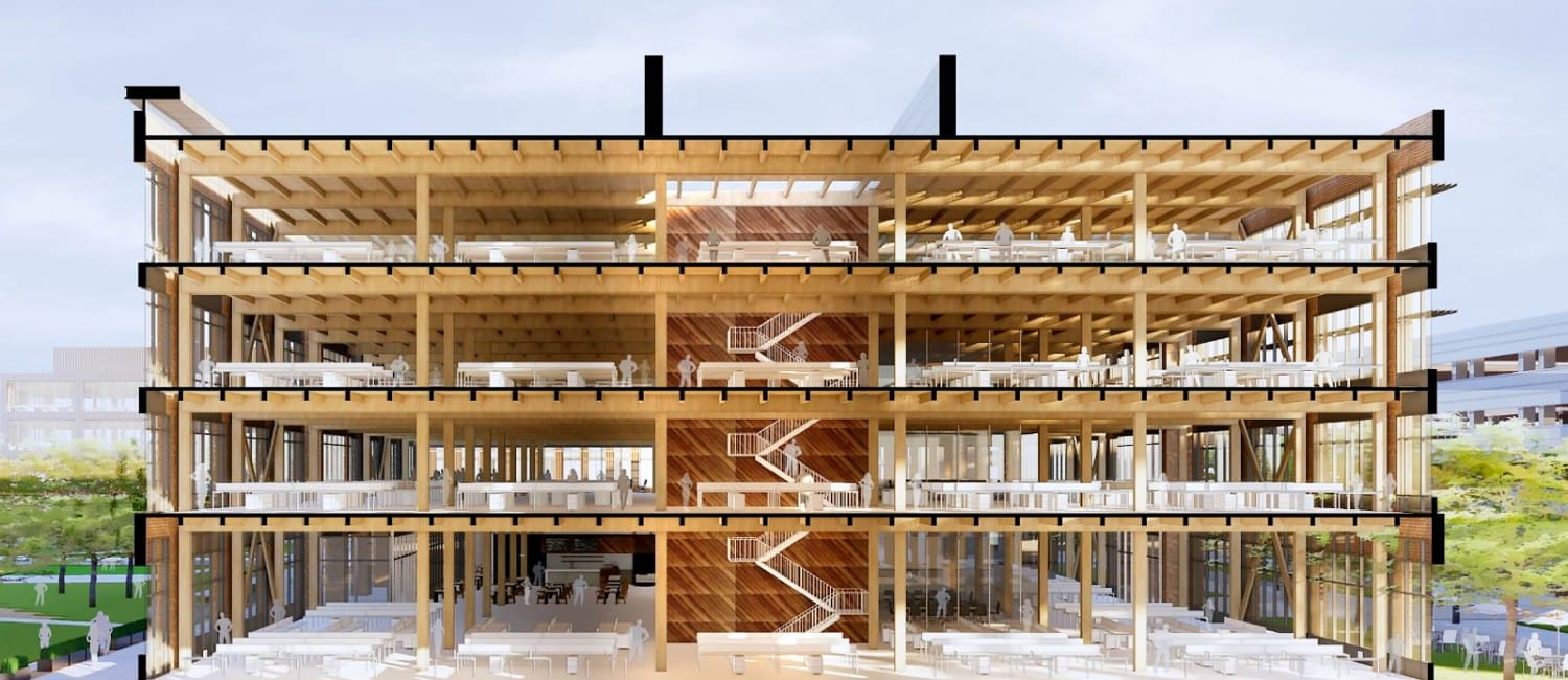 The new Walmart campus office buildings are being constructed from mass timber, the latest in precision engineered, design, and construction practices because it is sustainable, efficient and available regionally. With more than 2.4 million square feet of office space constructed from mass timber, Walmart’s new campus is the largest mass timber campus development currently under construction in the United States.