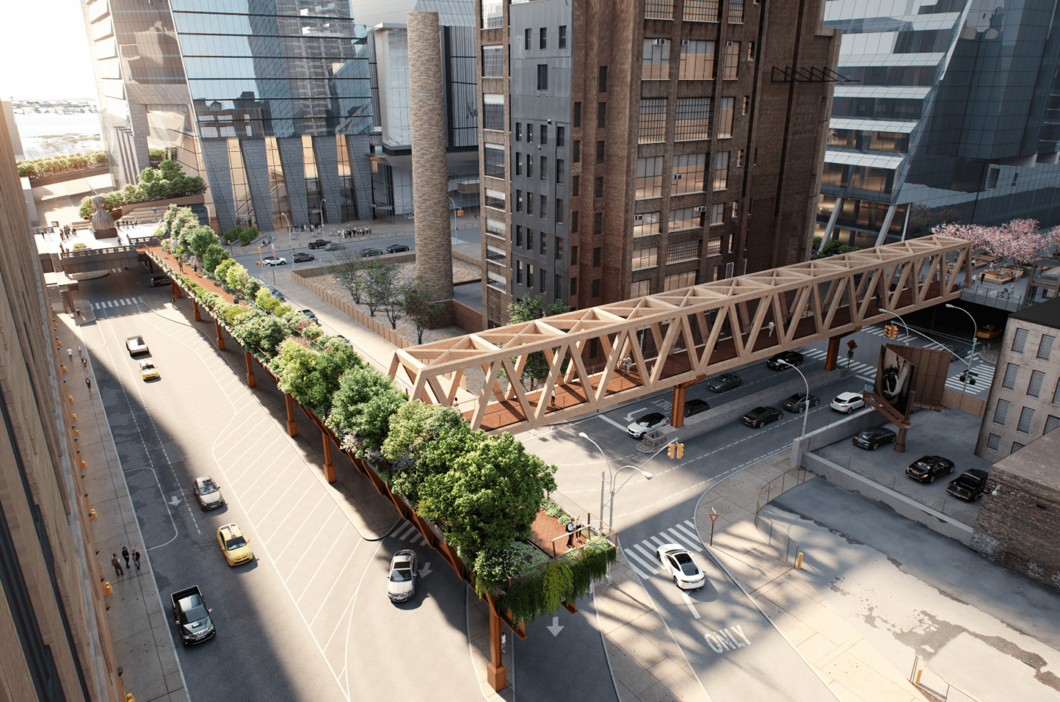 A timber bridge wasn’t the most obvious solution when Chicago-based architecture firm Skidmore, Owings & Merrill was hired to design a new connection between the firm’s reimagined Moynihan Train Hall at Penn Station and the High Line in New York City. Of the 789 bridges and tunnels owned and operated by the New York City Department of Transportation, only a half dozen are made from timber. Those are all located in Central Park, have very short spans, and are considered “rustic” in their mid-19th century construction.